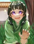 1girl blunt_bangs blush chinese_clothes dirty dirty_clothes grass hanfu highres kusuriya_no_hitorigoto maomao_(kusuriya_no_hitorigoto) multi-tied_hair open_mouth purple_eyes reaching solo soy_latte tree 