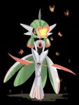  animal_focus arm_blade black_background black_sclera bug butterfly colored_sclera colored_skin fizzymiraige full_body green_hair iron_valiant no_humans pokemon pokemon_(creature) red_eyes solo standing twintails weapon white_skin 