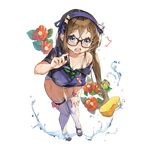  blue_eyes breasts brown_hair cleavage flower frog full_body glasses hairband hand_on_own_knee kino_books large_breasts leaning_forward long_hair mary_janes off_shoulder official_art open_mouth school_swimsuit shoes short_sleeves solo sponge swimsuit swimsuit_under_clothes thighhighs transparent_background uchi_no_hime-sama_ga_ichiban_kawaii water wet whistle white_legwear white_school_swimsuit white_swimsuit whoisshe 