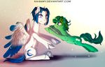  blue_feathers blue_hair cutie_mark duo equine fan_character feathered_wings feathers female feral fur green_fur green_hair hair hooves horn ka-samy male mammal my_little_pony pegasus simple_background sitting unicorn white_feathers white_fur wings 