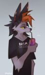 2023 anthro artist_name beverage black_nose canid canine digital_media_(artwork) drinking_straw fur grey_background grey_body grey_fur holding_beverage holding_object hyilpi mammal simple_background solo standing straw text_on_t-shirt