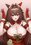  1girl absurdres animal_ears blush breasts brown_hair christmas commentary_request daiwa_scarlet_(umamusume) fang gloves gradient_background hair_intakes hands_up highres horse_ears horse_girl large_breasts long_hair looking_at_viewer open_mouth purple_eyes red_gloves simple_background skin_fang smile tiara ueyama_0clock umamusume upper_body 