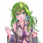  1girl :o absurdres bare_shoulders blue_trim breasts cleavage collarbone collared_shirt commentary_request detached_sleeves frog_hair_ornament green_eyes green_hair hair_between_eyes hair_ornament hands_up highres ikazuchi_akira kochiya_sanae light_blush long_hair long_sleeves looking_at_viewer medium_breasts midriff navel open_mouth parted_lips pink_nails shirt simple_background single_hair_tube single_sidelock sleeveless sleeveless_shirt snake_hair_ornament solo teeth touhou upper_body upper_teeth_only white_background white_shirt wide_sleeves 