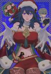  1girl ashe_ubert beckoning blue_hair breasts byleth_(female)_(fire_emblem) byleth_(female)_(frosty_professor)_(fire_emblem) byleth_(fire_emblem) character_doll christmas fire_emblem fire_emblem:_three_houses fire_emblem_heroes foreshortening gloves green_eyes grey_hair hair_between_eyes hat highres large_breasts looking_at_viewer navel official_alternate_costume open_mouth outstretched_hand reaching reaching_towards_viewer santa_hat smile sothis_(fire_emblem) ushiomi white_gloves 