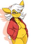  anthro breasts chest_tuft clothing duckdraw eeveelution eyewear female glasses jolteon lemon_swirl looking_at_viewer nintendo pok&eacute;mon simple_background slightly_chubby smile solo tuft video_games 