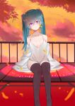  1girl absurdres alternate_costume alternate_eye_color aqua_hair autumn blue_eyes closed_mouth hatsune_miku highres long_hair looking_at_viewer purple_eyes qingli_green sleeveless solo spaghetti_strap thighhighs twintails vocaloid 