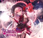  1girl album_cover album_name black_skirt black_thighhighs bow commentary_request cover dress_bow elbow_gloves falling_petals flower gloves green_eyes grey_hair gun hat hat_flower holding holding_gun holding_weapon long_hair original petals red_bow red_flower red_rose rifle rose scope single_glove skirt solo stitched thighhighs tochigi_kirihito very_long_hair weapon 