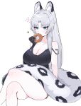  1girl absurdres animal_ear_fluff animal_ears bare_arms bare_shoulders black_camisole black_gloves blue_eyes breasts camisole cleavage collarbone crossed_legs dalgam12 doughnut eating feet_out_of_frame food gloves grey_hair hair_intakes highres holding holding_food large_breasts leopard_ears leopard_girl leopard_tail long_hair original parted_bangs simple_background single_glove solo strap_slip tail very_long_hair white_background 