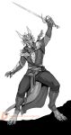 2023 2_horns 5_fingers absurd_res anthro armor barefoot belly_scales belt big_tail biped boosty bottomwear cel_shading clothed clothing digital_drawing_(artwork) digital_media_(artwork) digitigrade dragon ear_frill feet fingers frill_(anatomy) front_view fully_clothed greyscale hi_res holding_object holding_sword holding_weapon horn humanoid_hands long_tail looking_at_viewer male melee_weapon monochrome open_clothing open_shirt open_topwear pants pauldron scales scalie shaded shirt silgiriya_mantsugosi simple_background solo standing sword tail tapering_tail thick_tail topwear watermark weapon western_dragon white_background wingless_dragon