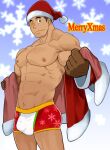  1boy bara bare_pectorals boxers christmas covered_penis dark-skinned_male dark_skin feet_out_of_frame goatee_stubble hat highres incoming_gift large_pectorals looking_at_viewer male_focus male_underwear merry_christmas muscular muscular_male nakata_shunpei nipples no_pants one_eye_closed original pectorals presenting_pectorals red_headwear red_male_underwear santa_costume santa_hat short_hair smile solo standing thick_eyebrows underwear undressing white_male_underwear 