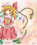  1girl alternate_neckwear back_bow blonde_hair blue_flower bow bowtie breasts character_name closed_mouth collared_shirt cowboy_shot crystal flandre_scarlet flower frilled_shirt_collar frilled_skirt frilled_sleeves frills hair_between_eyes hat highres holding holding_flower kyou_039 laevatein_(touhou) large_bow leaf light_smile looking_at_viewer medium_hair mob_cap multicolored_wings one_side_up puffy_short_sleeves puffy_sleeves purple_flower red_eyes red_ribbon red_skirt red_vest ribbon shirt short_sleeves simple_background skirt sleeve_ribbon small_breasts solo touhou vest white_bow white_headwear white_shirt wings yellow_background yellow_bow yellow_bowtie yellow_flower 