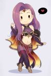  1girl absurdres armpit_crease bare_shoulders black_thighhighs blush breasts bridal_gauntlets capelet chibi circlet cleavage crossed_legs english_commentary evomanaphy fire_emblem fire_emblem_echoes:_shadows_of_valentia fire_emblem_heroes flame_print full_body fur-trimmed_capelet fur_trim gold_footwear heart highres long_hair midriff navel orange_capelet pelvic_curtain purple_hair red_capelet simple_background smile solid_oval_eyes solo sonya_(fire_emblem) sonya_(resplendent)_(fire_emblem) standing thighhighs thought_bubble two-tone_capelet white_background 