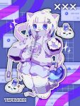  1girl :3 absurdres animal_ears animal_feet animal_hands barefoot blue_background blue_eyes blue_gemstone blue_hair blue_shorts body_fur cat cat_ears cat_girl colored_inner_hair creature full_body furry furry_female gem grid_background hair_ornament hairpin hand_up highres jacket long_hair looking_at_viewer multicolored_background multicolored_eyes multicolored_hair neon_palette nikamoka open_mouth original purple_background purple_eyes purple_jacket shorts slit_pupils solo sparkle standing white_fur white_hair window_(computing) 