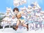  1boy 6+girls animal_ears arctic_fox_(kemono_friends) bike_shorts bike_shorts_under_shorts black_socks blue_bow blue_bowtie blue_fur blue_mittens blue_sky boots bow bowtie breath brown_footwear brown_hair brown_shirt capelet captain_(kemono_friends) coat extra_ears fox_ears fox_girl fox_tail fur_collar fur_trim gloves hair_between_eyes hat highres jacket jumping kemono_friends long_hair long_sleeves midair mittens mo23 multiple_girls official_alternate_costume pantyhose pleated_skirt running safari_jacket shirt short_hair shorts sidelocks skirt sky snow socks tail unworn_hat unworn_headwear white_capelet white_coat white_footwear white_fur white_gloves white_hair white_pantyhose winter_clothes winter_coat yellow_eyes 