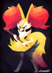 2022 absurd_res ambiguous_gender angry anthro black_background black_body black_fur braixen fur generation_6_pokemon hi_res holding_object inner_ear_fluff nintendo pokemon pokemon_(species) red_eyes simple_background snoozingwell solo tail tuft yellow_body yellow_fur