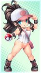  10s 1girl :3 :d antenna_hair bag bare_legs baseball_cap boots brown_hair chibi female full_body hair_ornament hat legs long_hair looking_at_viewer nintendo poke_ball poke_ball_hat poke_ball_print pokemon pokemon_(game) pokemon_bw ponytail pussy touko_(pokemon) very_long_hair 