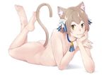  :3 androgynous animal_ears ass barefoot blurry blush bow cat_ears cat_tail chin_rest choker commentary_request depth_of_field eyebrows feet feet_up felix_argyle full_body h-itokuzo hair_bow hair_ornament legs_up light_brown_hair looking_at_viewer lying male_focus nipples nude on_stomach otoko_no_ko plantar_flexion re:zero_kara_hajimeru_isekai_seikatsu simple_background smile solo tail the_pose thick_eyebrows white_background yellow_eyes 