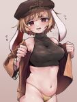  1girl animal_ears black_sports_bra blonde_hair blush breasts brown_background brown_eyes brown_headwear brown_shirt cabbie_hat commentary_request cowboy_shot dated floppy_ears flying_sweatdrops hat looking_at_viewer medium_bangs medium_breasts navel open_clothes open_mouth open_shirt panties rabbit_ears rabbit_girl ringo_(touhou) shirt short_hair signature simple_background solo sports_bra touhou underwear undressing warabe_(be-san) yellow_panties 