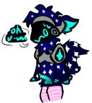 anthro blue bluetheprotogen clothing dialogue genitals girly legwear machine male male/male nervous_expression penis protogen solo speech_bubble starry_fur submissive submissive_male thigh_highs