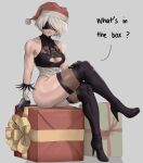  1girl 2b_(nier:automata) absurdres ass ass_visible_through_thighs black_blindfold blindfold breasts christmas christmas_present cleavage crossed_legs english_text gift gloves grey_hair hand_on_own_shoulder hat high_heels highleg highleg_leotard highres large_breasts leotard looking_at_viewer mole mole_under_mouth muscular muscular_female nier:automata nier_(series) santa_hat short_hair sitting smile thick_thighs thigh_gap thighhighs thighs yoracrab 