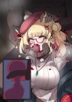  1boy 1girl blonde_hair blood blood_on_clothes blue_jacket breasts deepthroat ero_guro fellatio glasses guro hair_bun hair_ornament hairclip head_grab hetero highres impossible_clothes impossible_sweater jacket large_breasts mari_(virtuareal) nijisanji open_clothes open_jacket oral penis qiyuu_7u rolling_eyes solo_focus sweater virtuareal white_sweater x-ray 