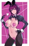  1girl animal_ears breasts covered_nipples crotchless crotchless_pantyhose fake_animal_ears heart_maebari heart_pasties hidebou highres honkai:_star_rail honkai_(series) kafka_(honkai:_star_rail) large_breasts long_hair looking_at_viewer maebari meme_attire navel open_mouth pantyhose pasties purple_eyes purple_hair rabbit_ears revealing_clothes reverse_bunnysuit reverse_outfit shrug_(clothing) sidelocks solo thighs wrist_cuffs 