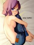  1girl barefoot bed_sheet blue_eyes blush breast_press breasts chuutaro_metal commentary_request copyright_name denim fetal_position full_body hugging_own_legs jeans looking_at_viewer lying medium_hair new_game! on_side open_mouth pants parted_bangs purple_hair sideboob solo tooyama_rin topless 