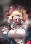  1boy 1girl blonde_hair blood blood_on_clothes blue_jacket breasts deepthroat ero_guro fellatio glasses guro hair_bun hair_ornament hairclip head_grab hetero highres impossible_clothes impossible_sweater jacket large_breasts mari_(virtuareal) nijisanji open_clothes open_jacket oral penis qiyuu_7u rolling_eyes solo_focus sweater trembling virtuareal white_sweater 