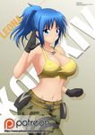  blue_eyes blue_hair breasts camouflage camouflage_pants covered_nipples jewelry large_breasts leona_heidern midriff pants patreon_logo patreon_username ponytail self_upload solo tank_top the_king_of_fighters the_king_of_fighters_xiv watermark web_address zel-sama 