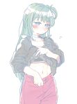  1girl averting_eyes black_shirt black_sports_bra blue_eyes blush cha_ipride choker closed_mouth clothes_lift clothes_pull collarbone cowboy_shot flying_sweatdrops green_hair half_updo highres idoly_pride komiyama_ai looking_down multicolored_hair navel one_side_up pants pants_pull pink_hair pink_pants shirt shirt_lift simple_background solo sports_bra stomach streaked_hair white_background wispy_bangs yoga_pants 