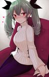  1girl anchovy blush drill_hair girls_und_panzer green_hair han_(jackpot) heart hetero holding_hands long_hair looking_at_viewer pov red_eyes ribbed_sweater smile solo_focus sweater twin_drills twintails 