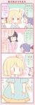  4koma apron bangs black_hair blonde_hair blue_hair blunt_bangs blush child comic flying_sweatdrops green_eyes hair_rings kindergarten_teacher kindergarten_uniform kurosawa_dia love_live! love_live!_sunshine!! matsuura_kanan multiple_girls name_tag ohara_mari ponytail saku_usako_(rabbit) short_hair skirt translated younger |_| 