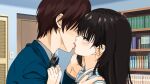 1boy 1girl aged_down black_hair blush bookshelf brown_hair cafe_stella_to_shinigami_no_chou close-up commentary couple french_kiss from_side hair_between_eyes hair_down half-closed_eyes hand_on_another&#039;s_cheek hand_on_another&#039;s_face hand_up hands_on_another&#039;s_chest hetero highres indoors kiss long_hair looking_at_another no_eyes profile sailor_collar saliva school_uniform serafuku shiki_natsume short_hair sidelocks takaaya80676981 takamine_kousei tongue tongue_out white_sailor_collar yellow_eyes 