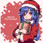  1girl ahiru_tokotoko blue_hair blush box christmas closed_mouth gift gift_box hat highres hinanawi_tenshi holding holding_gift long_hair long_sleeves looking_at_viewer merry_christmas pom_pom_(clothes) red_eyes red_headwear santa_costume santa_hat solo touhou 