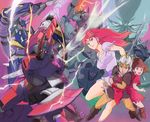  2015 2boys 2girls armor breasts brown_eyes brown_hair chururu dagger galient green_eyes hilmuka jordy_vorder kikou-kai_galient knife kujira_gunsou lance large_breasts long_hair mardoul mecha multiple_boys multiple_girls promaxis red_eyes red_hair shield sword zuwel 