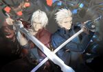  2boys black_gloves blue_eyes closed_mouth coat cumcmn dante_(devil_may_cry) devil_may_cry_(series) devil_may_cry_5 devil_trigger fingerless_gloves gloves hair_slicked_back highres holding male_focus multiple_boys rebellion_(sword) smile vergil_(devil_may_cry) white_hair yamato_(sword) 