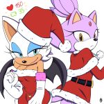 1:1 anthro bat_wings belt big_ears blaze_the_cat breasts christmas christmas_clothing christmas_headwear cleavage clothed clothing duo female gloves handwear hat headgear headwear hi_res holidays humanoid innotsu makeup membrane_(anatomy) membranous_wings rouge_the_bat santa_hat sega smile sonic_the_hedgehog_(series) tail teasing wings