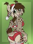 2022 3:4 5_fingers anthro arm_tuft arms_bent artist_logo artist_name bra breasts brown_body brown_fur brown_hair butt canadian_lynx cheek_tuft christmas christmas_clothing christmas_headwear claws clothing digital_drawing_(artwork) digital_media_(artwork) ear_tuft elbow_tuft eyebrows eyelashes facial_tuft feather_earring felid feline female finger_claws fingers fur furgonomic_headwear furgonomic_panties furgonomics glistening glistening_eyes gradient_background green_background green_eyes grey_body grey_fur hair happy hat headgear headwear hi_res holidays legwear lilypawpads logo looking_at_viewer looking_back lynx mammal multicolored_body multicolored_fur nicole_(nicnak044) nub_tail open_mouth panties pawpads rear_view red_bra red_clothing red_panties red_underwear santa_hat shoulder_tuft simple_background solo spots spotted_body spotted_fur standing stockings teeth thigh_highs three-quarter_view tuft underwear whiskers