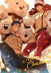  2boys abs antlers aomine_daiki bara bare_pectorals belt black_belt black_pants blue_eyes blue_hair chest_belt christmas closed_mouth hat highres holding holding_sack holding_stuffed_toy kagami_taiga kuroko_no_basuke large_pectorals male_focus merry_christmas multiple_boys muscular muscular_male navel nipples open_clothes pants pectorals red_eyes red_hair red_pants reindeer_antlers sack santa_hat short_hair smile stuffed_animal stuffed_toy suspenders teddy_bear teeth zawar379 