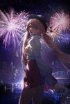 1girl city city_lights cityscape fireworks frills hat highres long_hair long_sleeves looking_at_viewer low_twintails open_mouth original pink_eyes pink_hair pink_skirt skirt skyline solo twintails user_mwzd5355 very_long_hair 