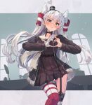  1girl absurdres amatsukaze_(kancolle) amatsukaze_kai_ni_(kancolle) black_dress black_panties blush breasts brown_eyes commentary cowboy_shot dress garter_straps gloves grey_hair hair_tubes heart heart_hands highres himeyamato kantai_collection long_hair looking_at_viewer panties red_thighhighs sailor_collar sailor_dress see-through single_glove smokestack_hair_ornament solo thighhighs two_side_up underwear white_gloves white_sailor_collar 