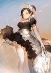  bag bangs black_eyes black_hair bouquet choker cloud dress elbow_gloves flower gloves gradient_sky hanarito highres looking_at_viewer maid maid_headdress original outdoors parted_bangs shopping_bag sky solo standing thighhighs white_gloves white_legwear 