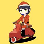  1girl 50peanuts belt black_belt black_footwear black_hair boots fur-trimmed_boots fur-trimmed_headwear fur_trim green_eyes hat highres jacket looking_at_viewer no_nose on_motorcycle original pom_pom_(clothes) red_jacket santa_costume santa_hat shadow short_hair simple_background smile solo vehicle_focus yellow_background 