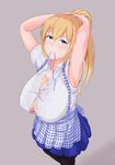  1girl adjusting_hair armpits blonde_hair blue_eyes breasts button_gap cleavage commentary huge_breasts kobeya_uniform mori_yoshihara_(naozuri) mouth_hold naozuri original pantyhose ponytail ribbon ribbon_in_mouth solo tying_hair 