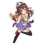  brown_hair gloves goggles goggles_on_head harunoibuki hat holding key leg_lift long_hair looking_at_viewer midriff official_art open_mouth red_eyes round_teeth skirt solo teeth thighhighs toy_airplane transparent_background uchi_no_hime-sama_ga_ichiban_kawaii 