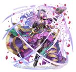  1girl armor bare_shoulders book breasts camilla_(alluring_darkness)_(fire_emblem) camilla_(fire_emblem) cleavage copyright_name detached_sleeves dress fire_emblem fire_emblem_fates fire_emblem_heroes floating floating_book floating_object frilled_dress frills full_body gloves hair_over_one_eye large_breasts long_hair looking_at_viewer magic official_alternate_costume okuma_mai pantyhose purple_eyes purple_gloves purple_hair purple_pantyhose smile solo tiara very_long_hair wavy_hair 