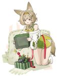  1girl animal arknights beanstalk_(arknights) beanstalk_(gift_uncompleted)_(arknights) bell box braid brown_hair crab dress gift gift_box green_dress green_hairband hair_ornament hairband hairclip highres hyena_ears hyena_girl hyena_tail kneeling long_hair metal_crab_(arknights) neck_bell off-shoulder_sweater off_shoulder open_mouth pillow red_eyes simple_background socks solo spaghetti_strap star_(symbol) star_hair_ornament sweater thighs truffletrefla white_background white_socks white_sweater 