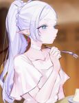  1girl absurdres blurry blurry_background cake cake_slice chewing choker collarbone commentary_request dangle_earrings dress drop_earrings earrings eating elf food fork frieren green_eyes high_ponytail highres holding holding_fork jewelry long_hair mile_(off8mile) parted_bangs pointy_ears ponytail solo sousou_no_frieren white_choker white_dress white_hair 