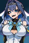 1girl bare_shoulders blue_bow blue_bowtie blue_eyes blue_hair bow bowtie breasts chain_headband cleavage_cutout clothing_cutout colored_inner_hair dark_blue_hair detached_sleeves hair_between_eyes hair_intakes highres hololive hololive_english jewelry large_breasts long_sleeves looking_at_viewer multicolored_hair nagainegi open_mouth ouro_kronii ouro_kronii_(1st_costume) shirt short_hair simple_background upper_body virtual_youtuber white_veil 