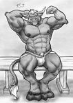  armpits bench biceps bovine bulge clothing facial_hair green_eyes hair hand_behind horn invalid_tag kensukethecat male mammal mehawk muscular pubes sitting smile solo tauren tuft underwear video_games warcraft white_hair 